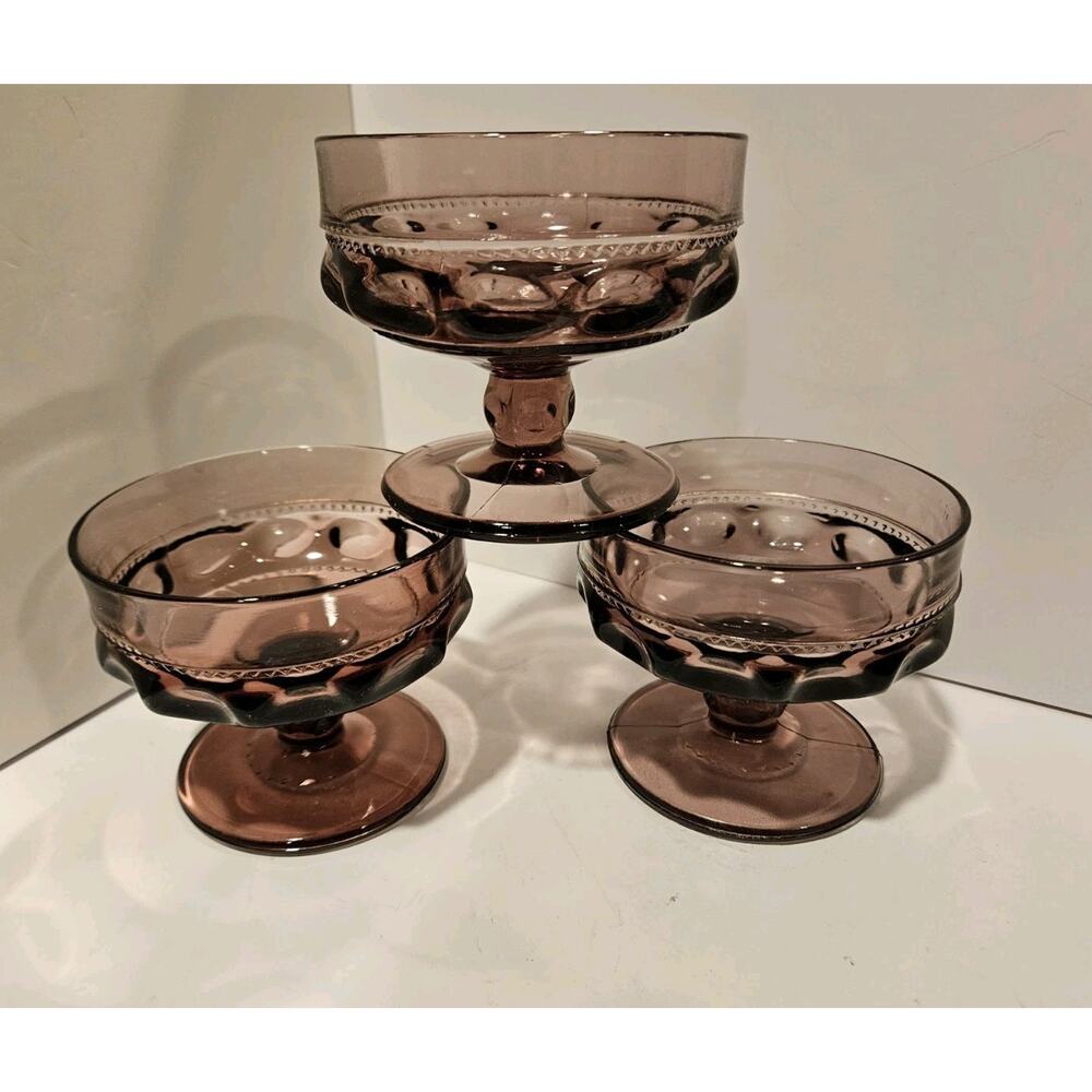 Indian Glass King's Crown Amethyst Thumbprint Compotes/Sherbets - Set of 3